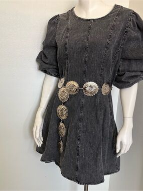 NEWINE SZ M Acid Washed western Black Puff Sleeve Mini Dress